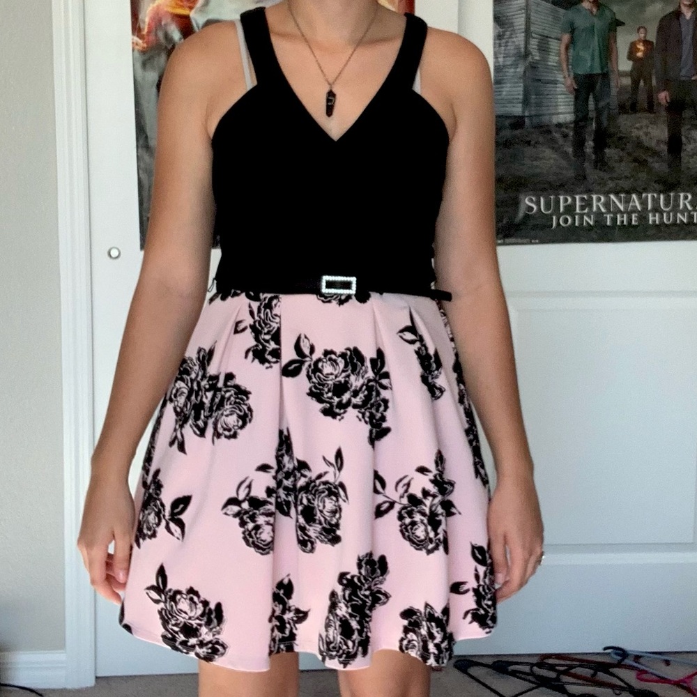pink and black floral hoco dress